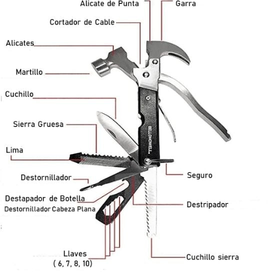 Martillo Multiherramienta 18 en 1 - Compacto para Hogar, Auto y Camping